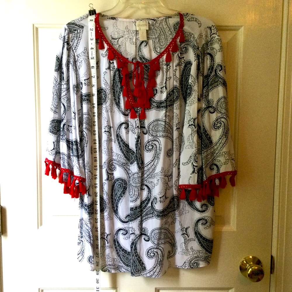 Chicos 3/4 bell sleeve top, Pom Pom tassels size 2 12